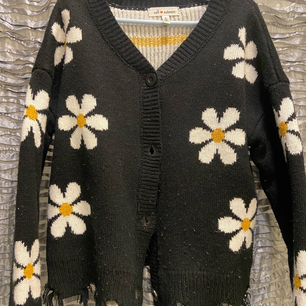 Self Esteem Black Cardigan with White and Yellow Floral Design Daisies